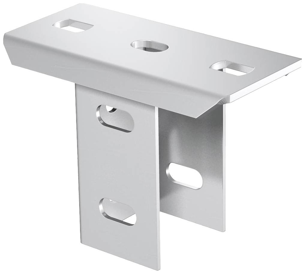 Metallische Halterung in L-Form mit vier Löchern zur Befestigung. Sie besteht aus zwei vertikalen und einer horizontalen Fläche.