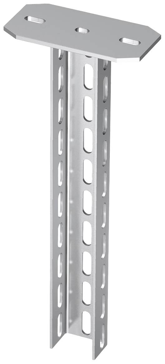 Ein silbernes Metallprofil mit rechteckigen Löchern und einer rechteckigen Platte oben; oft im Bau für Strukturunterstützung verwendet.