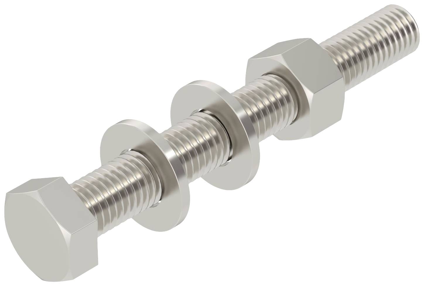 Eine Metallschraube mit zwei Muttern und zwei Unterlegscheiben.