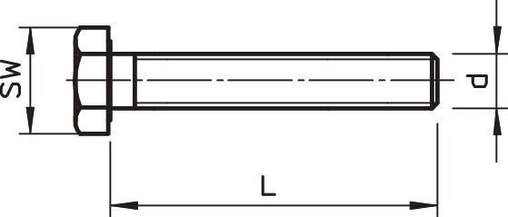 Technische Zeichnung einer Schraube mit T-Kopf und metrischem Gewinde. Beschriftungen zeigen Durchmesser 'SW', Länge 'L' und Gewindelänge 'P'.