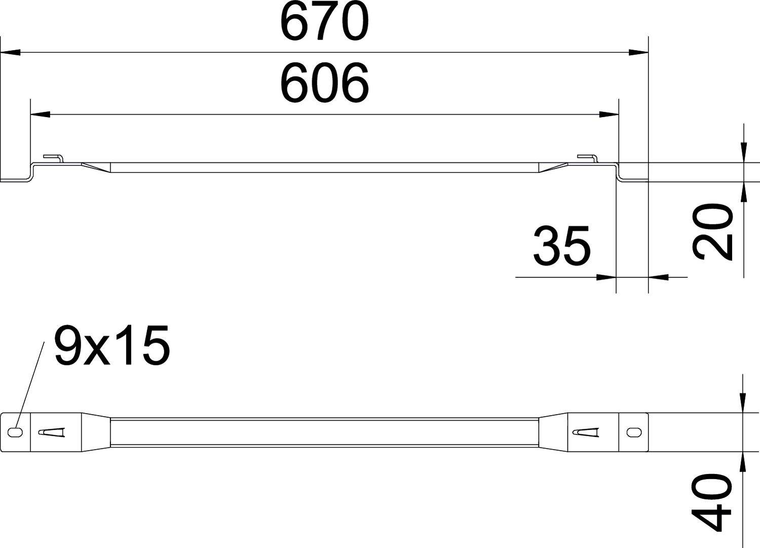 Technische Zeichnung eines Metallbügels mit den Maßen: Gesamtlänge 670 mm, Innenmaße 606 mm, Höhe 35 mm, Breite 40 mm, Bohrung 9x15 mm.