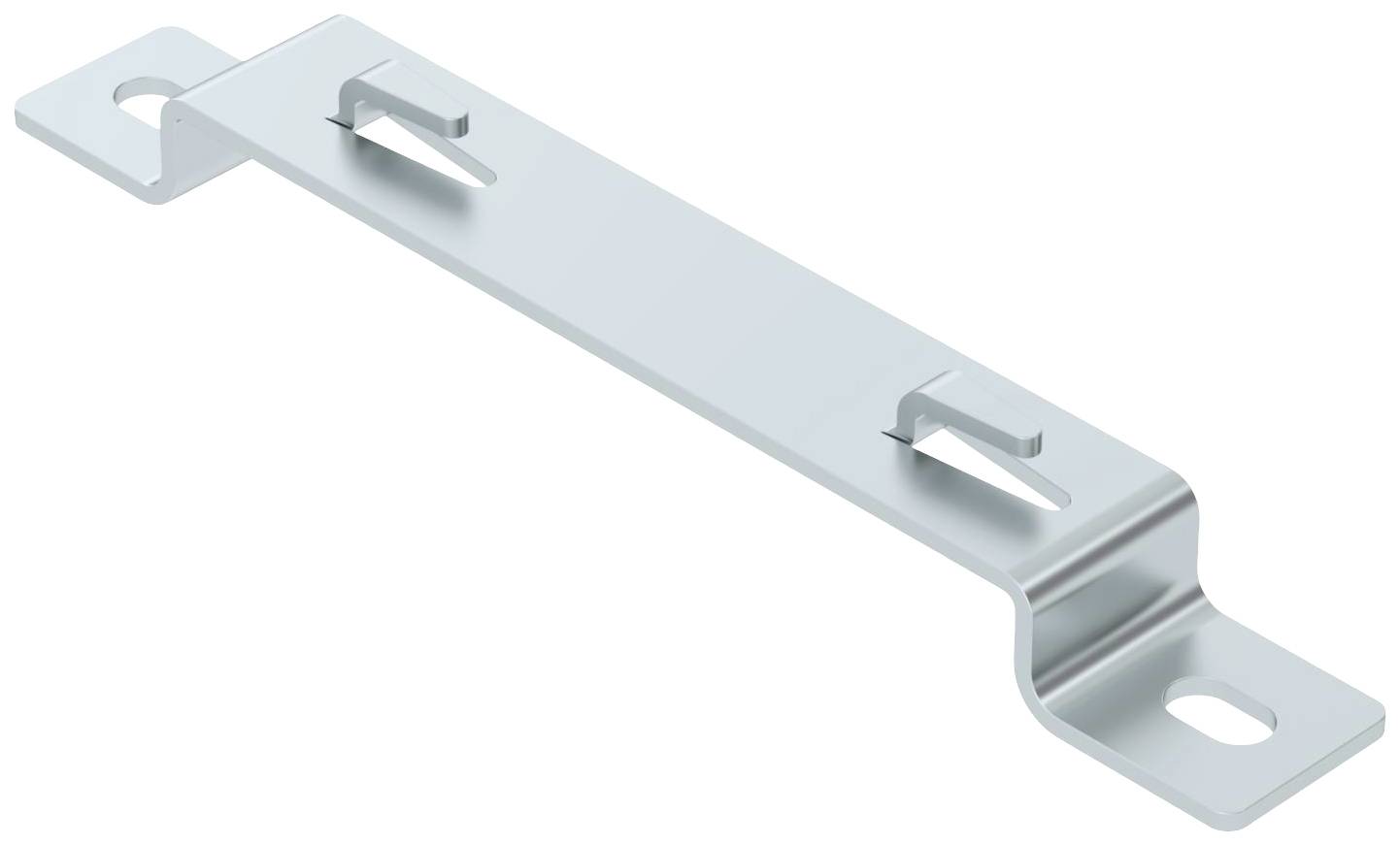 Metallwinkel mit zwei Löchern zur Befestigung und erhöhter Mittelsektion. Verwendet zur Stabilisierung von Baukonstruktionen.