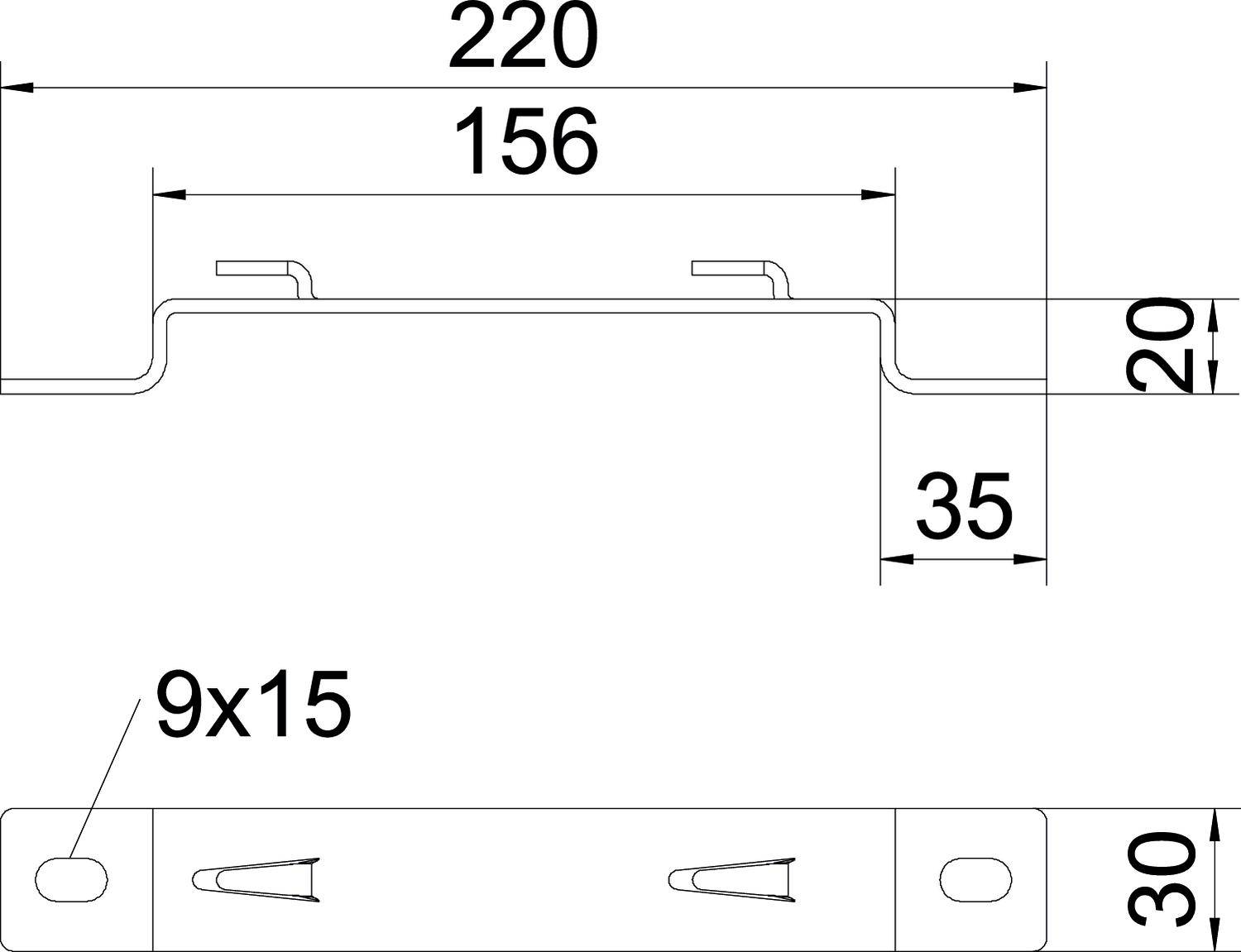 Technische Zeichnung einer Metallhalterung mit den Maßen: 220 mm Breite, 35 mm Höhe, 20 mm Tiefe. Befestigungslöcher: 9x15 mm.