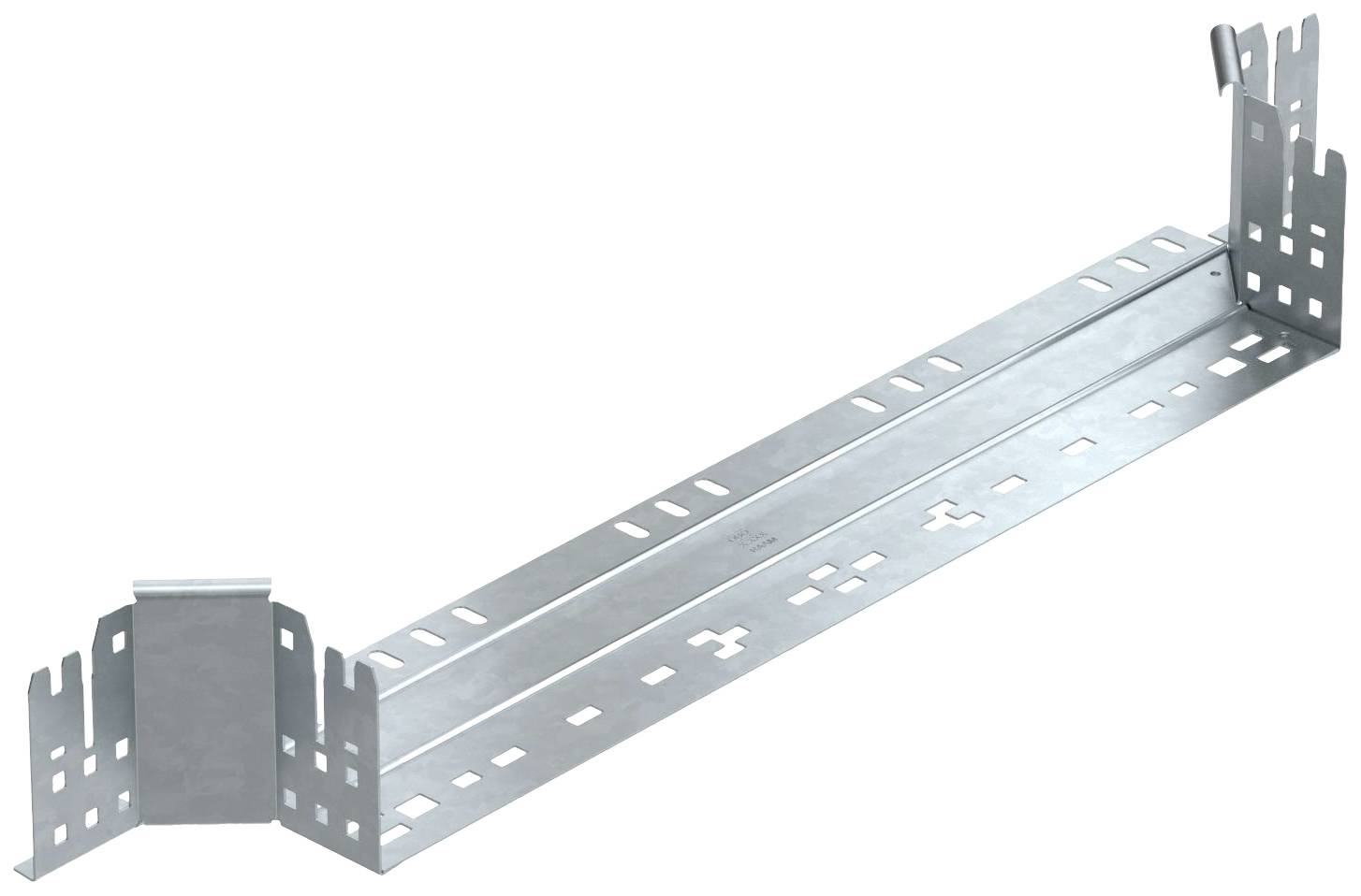 Ein verstellbarer metallischer Montageschienenhalter für Kabel, mit mehreren Löchern zur flexiblen Befestigung von Kabeln oder Geräten.