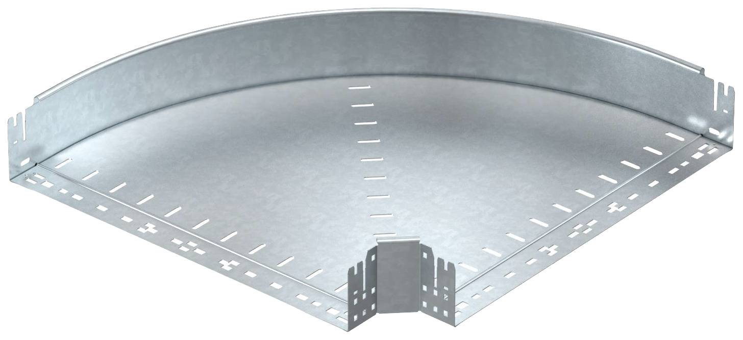 Metallwinkel für Kabeltrassen, gebogen, mit Schlitzen und Löchern an den Rändern zur Befestigung.