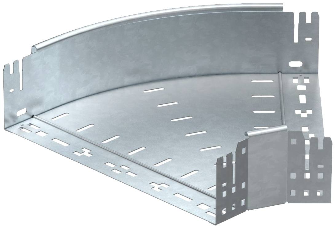 Metallische Kabelrinne in einem 90-Grad-Winkel geformt, mit perforierten Seiten zur Befestigung von Kabeln.