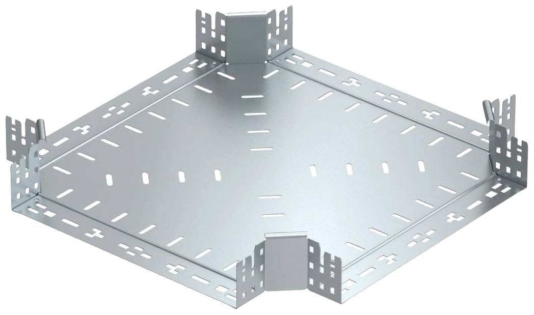 Metallverbindungselement mit abgewinkelter Form und perforierten Seiten. Geeignet für die Montage von Kabeltrassen.