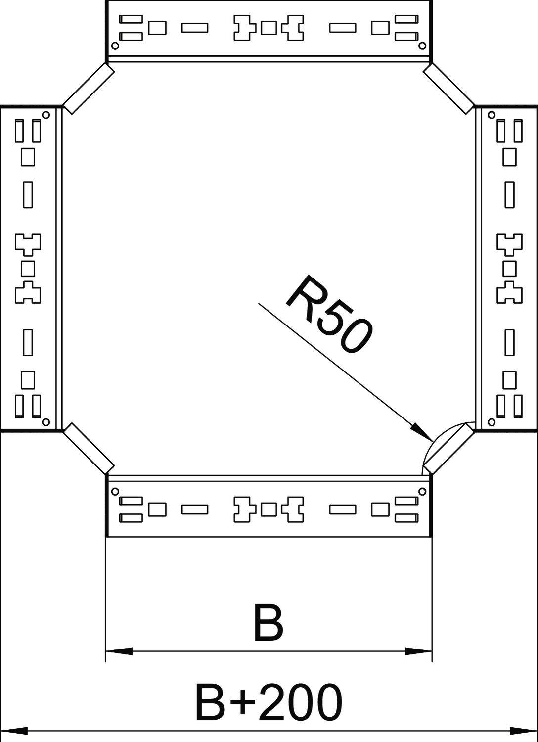Konstruktionszeichnung eines achteckigen Rahmens mit abgerundeten Ecken (Radius 50). Außenmaß 'B+200', Innenmaß 'B'.