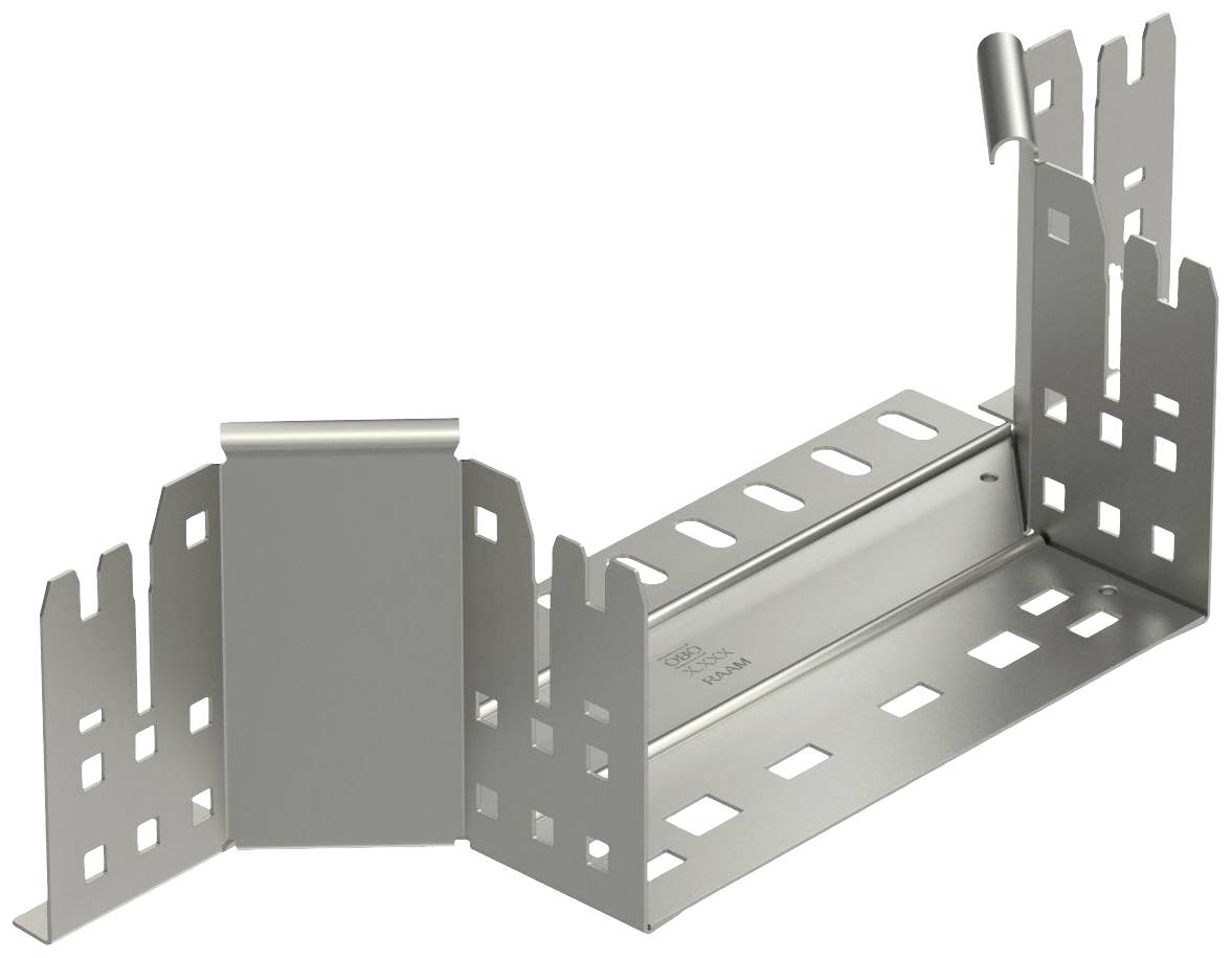 Metallhalterung mit abgekanteten Seiten und perforierten Flächen. Geeignet zur Befestigung von Leitern oder Kabeltrassen an der Wand.