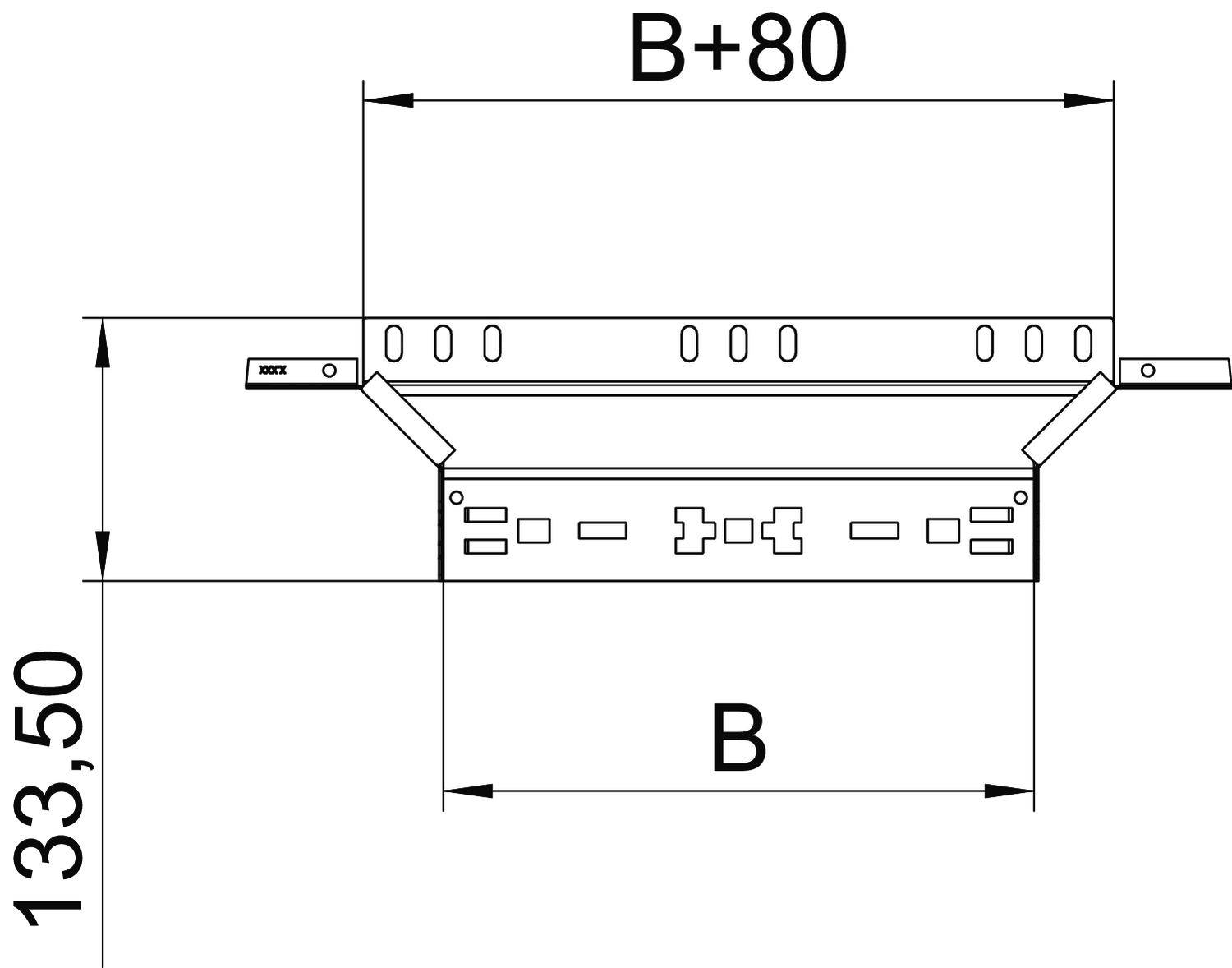 Technische Zeichnung eines Bauelements mit den Maßen B und B+80. Höhe beträgt 133,50. Oben sind zahlreiche Öffnungen sichtbar.