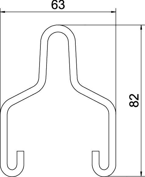 Technische Zeichnung eines Metallhakens mit den Maßen 63 mm Breite und 82 mm Höhe.