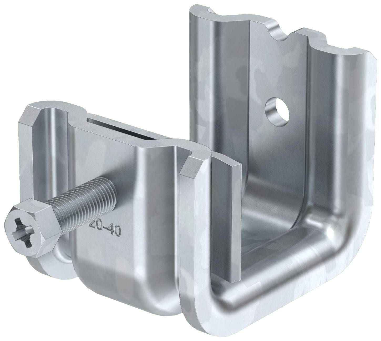 Metallische Klammer mit Schraube, teilweise hohl. Verwenden für Montage- oder Befestigungszwecke.