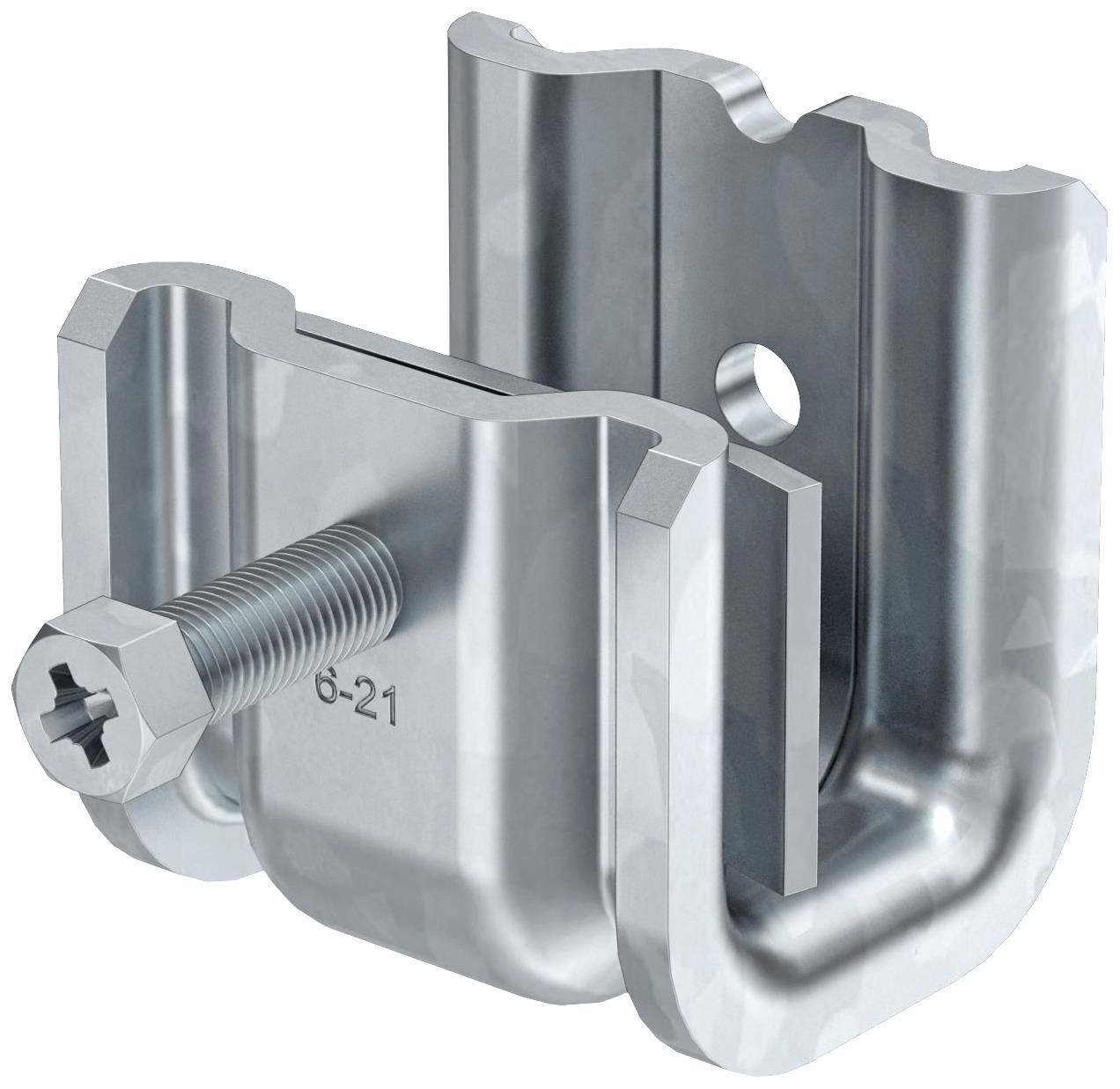 Metallhalterung mit Schraube; zeigt Verbindungselement für strukturelle Befestigungen. Geeignet für industrielle Anwendungen.