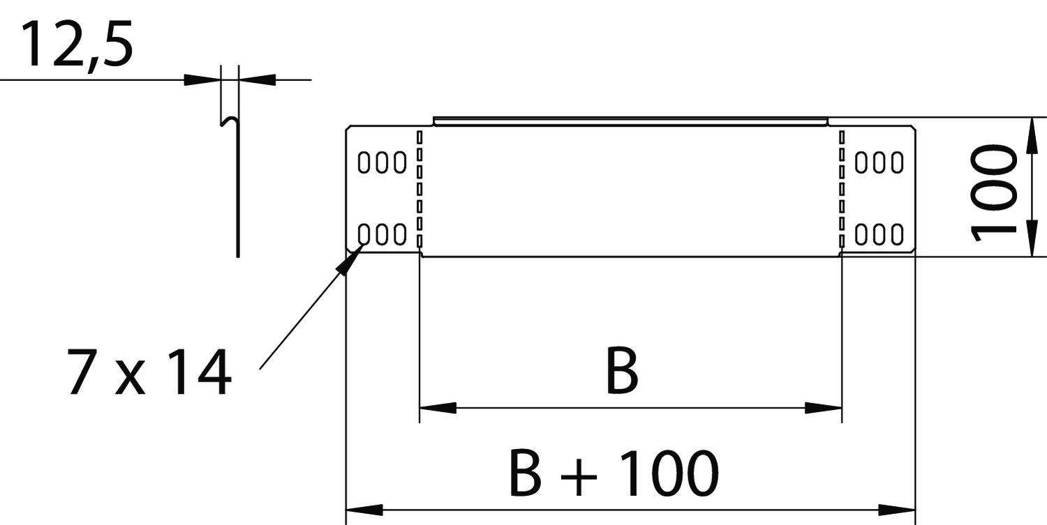 Technische Zeichnung eines rechteckigen Teils. Maße: Höhe 100 mm, Breite 'B', B + 100 mm. Bohrungen: 7 x 14 mm, Abstand 12,5 mm.