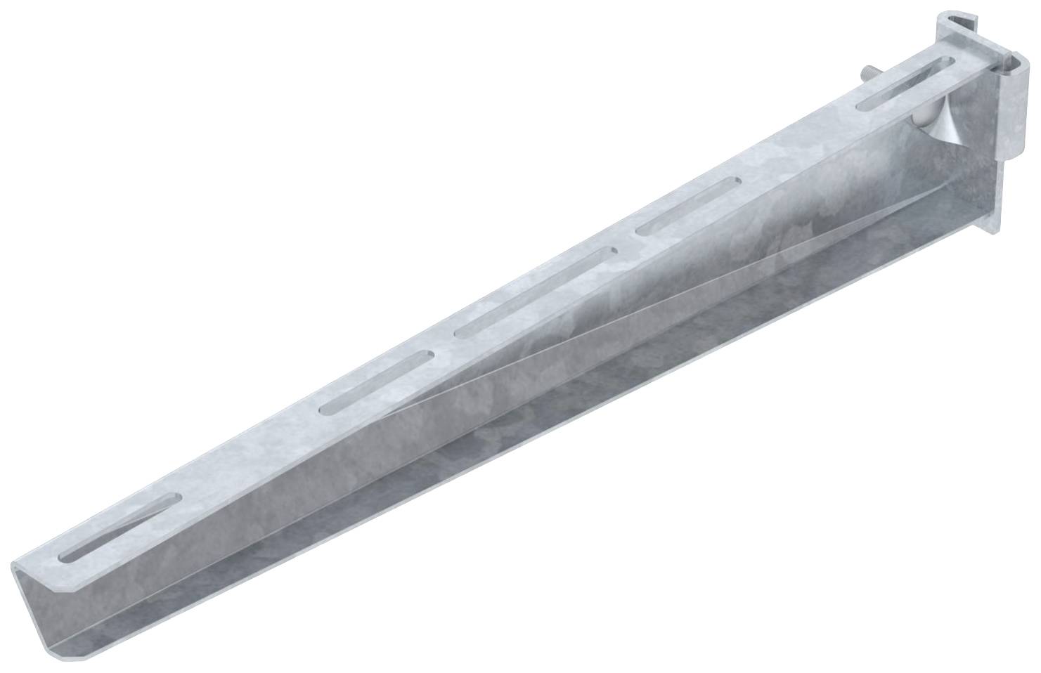 Wandkonsole, grau, aus Metall, zur Befestigung an einer Wand. Sie hat mehrere längliche Schlitze zur flexiblen Montage.