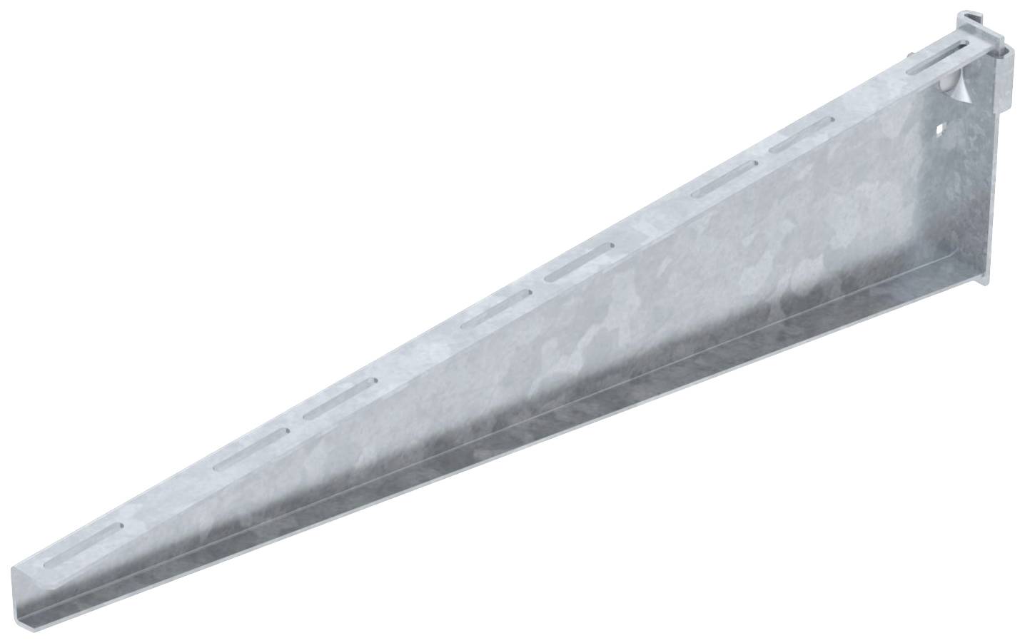 Eine trapezförmige, metallische Regalhalterung mit Befestigungslöchern entlang der Kanten. Geeignet zur Wandmontage von Regalböden.