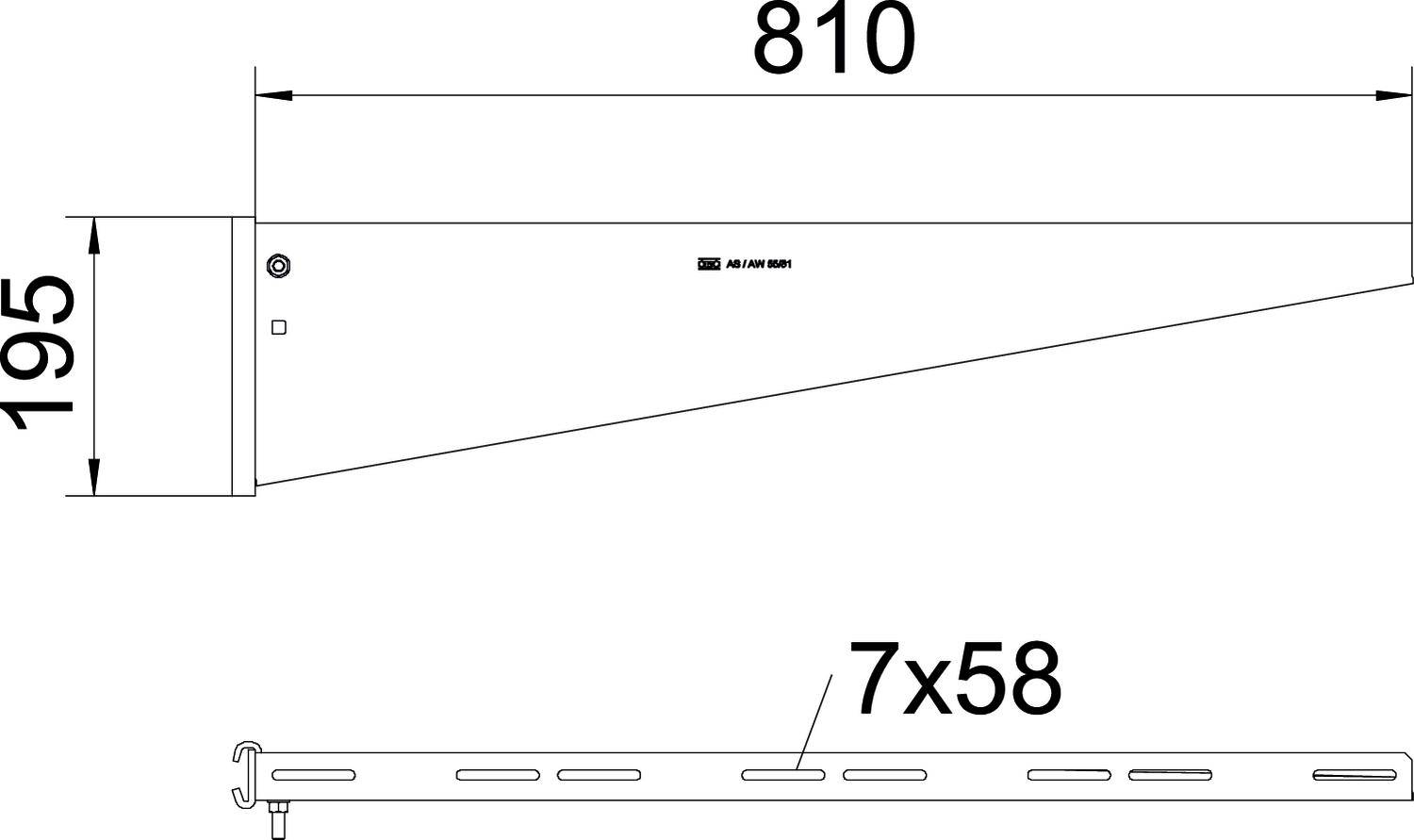 Seitenansicht einer Halterung mit den Maßen 810 mm Länge und 195 mm Höhe, zeigt eine Reihe von Schlitzen mit 7x58 mm Abstand.