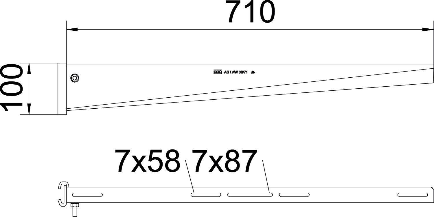 Technische Zeichnung: Winkelstütze mit Maßen, oben 710 mm, seitlich 100 mm. Lochungen gekennzeichnet als '7x58' und '7x87'.