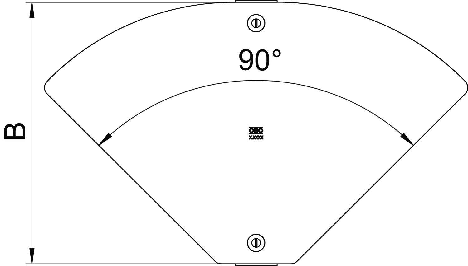 Diagramm zeigt einen Viertelkreis mit einem 90° Winkel. Zwei Pfeile markieren den Kreisbogen. Zwei Bohrlöcher oben und unten.