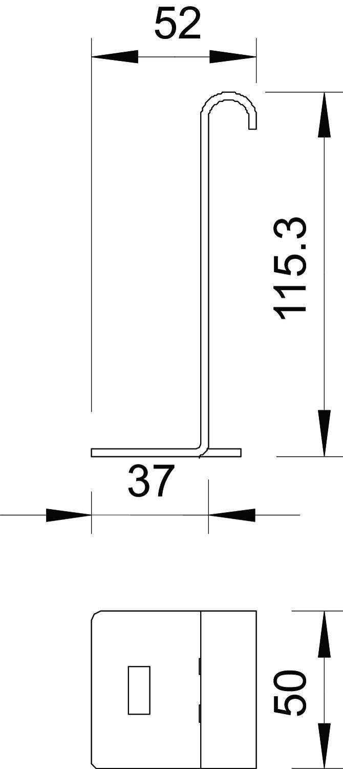 Diagramm eines L-förmigen Halters mit Maßen: Höhe 115,3, Tiefe 37, Länge 52, Breite 50. Perspektivenansicht von der Seite und oben.