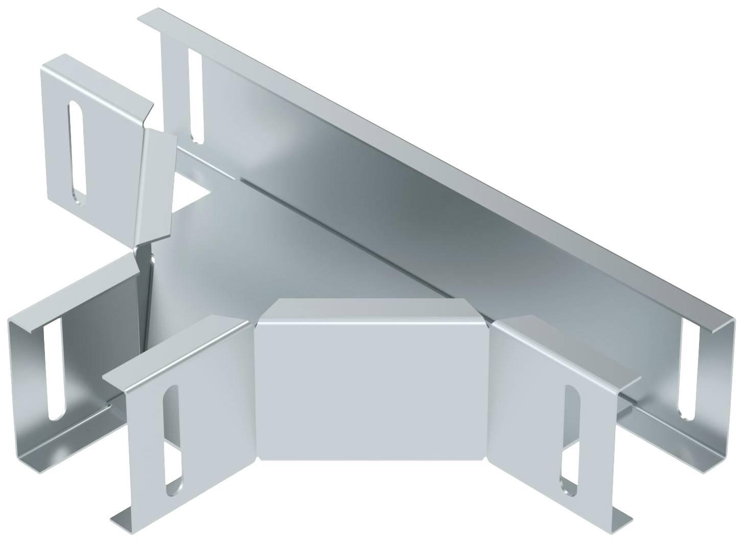 Ein silbernes Metallteil mit mehreren abstehenden und gebogenen Elementen, vermutlich als Halterung oder Verbindungselement genutzt.