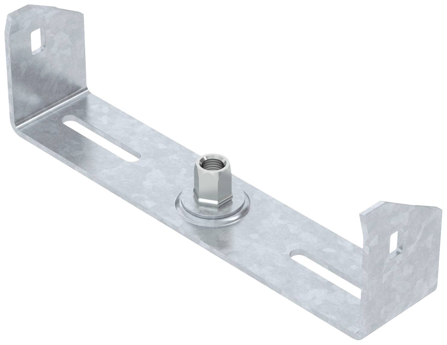 Metallhalterung mit zentralem Schraubgewinde und seitlichen Befestigungslöchern, geeignet für robuste Konstruktionen.