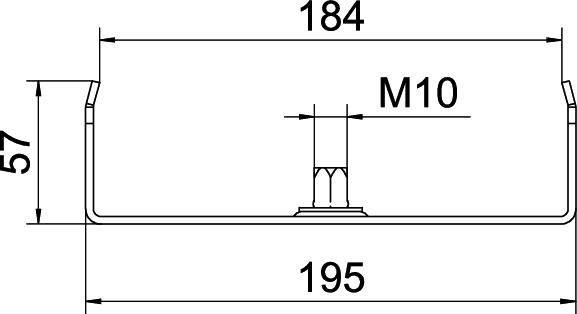 Technische Zeichnung eines Metallwinkels. Maße: Breite 195 mm, Höhe 57 mm, Zwischenbohrung M10 bei 184 mm.