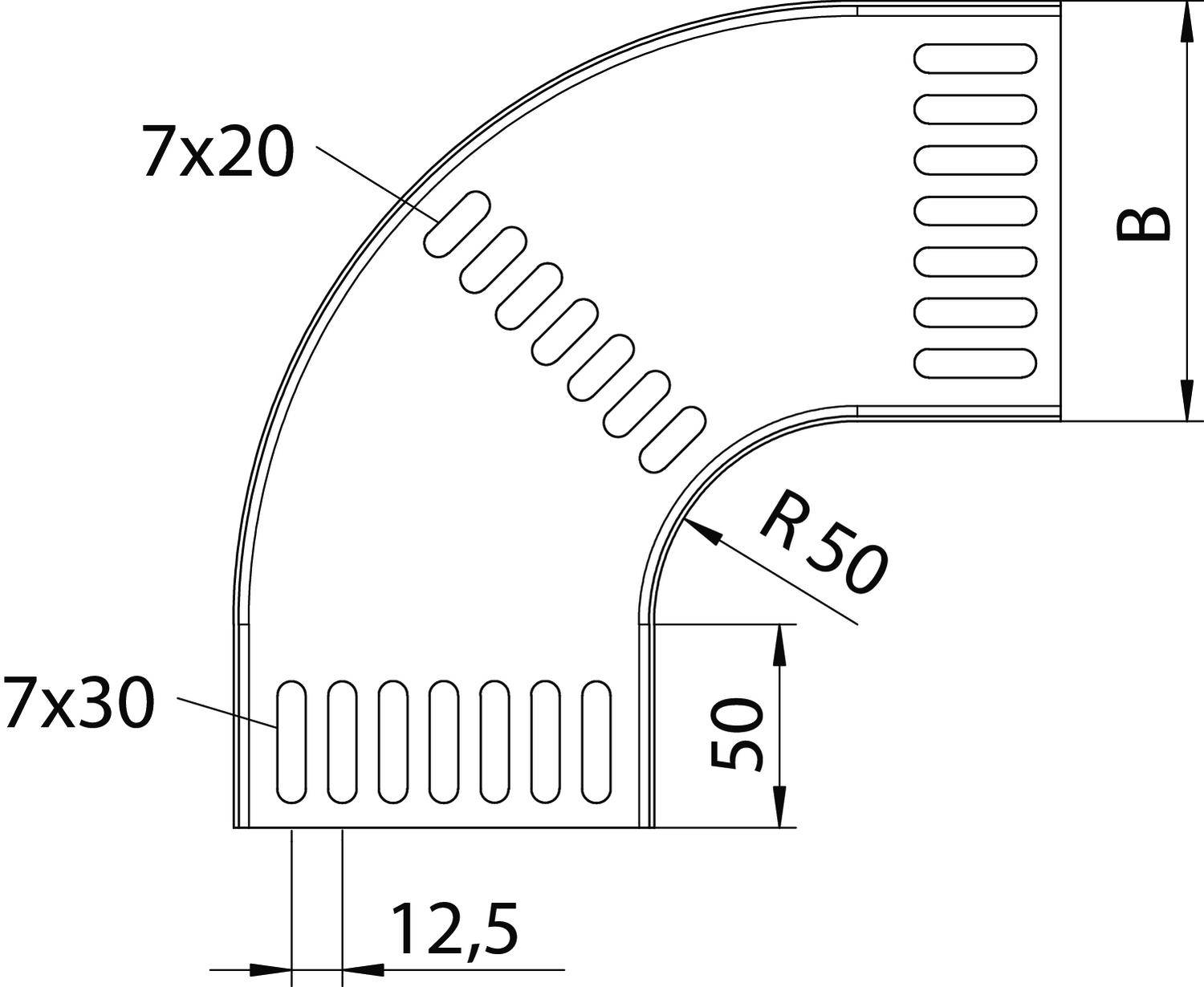 Bogenförmiges Bauteil mit geneigten Schlitzen. Maße: 50x50 mm mit Radius R50. Schlitze: 7x30 mm und 7x20 mm.