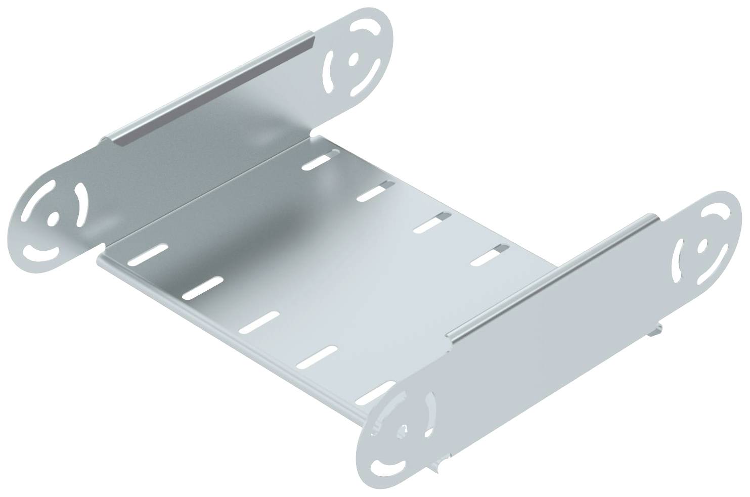 Eine silberne Montagehalterung aus Metall mit mehreren Schlitzen und kreisförmigen Lochungen an beiden Enden, Ansicht von oben.
