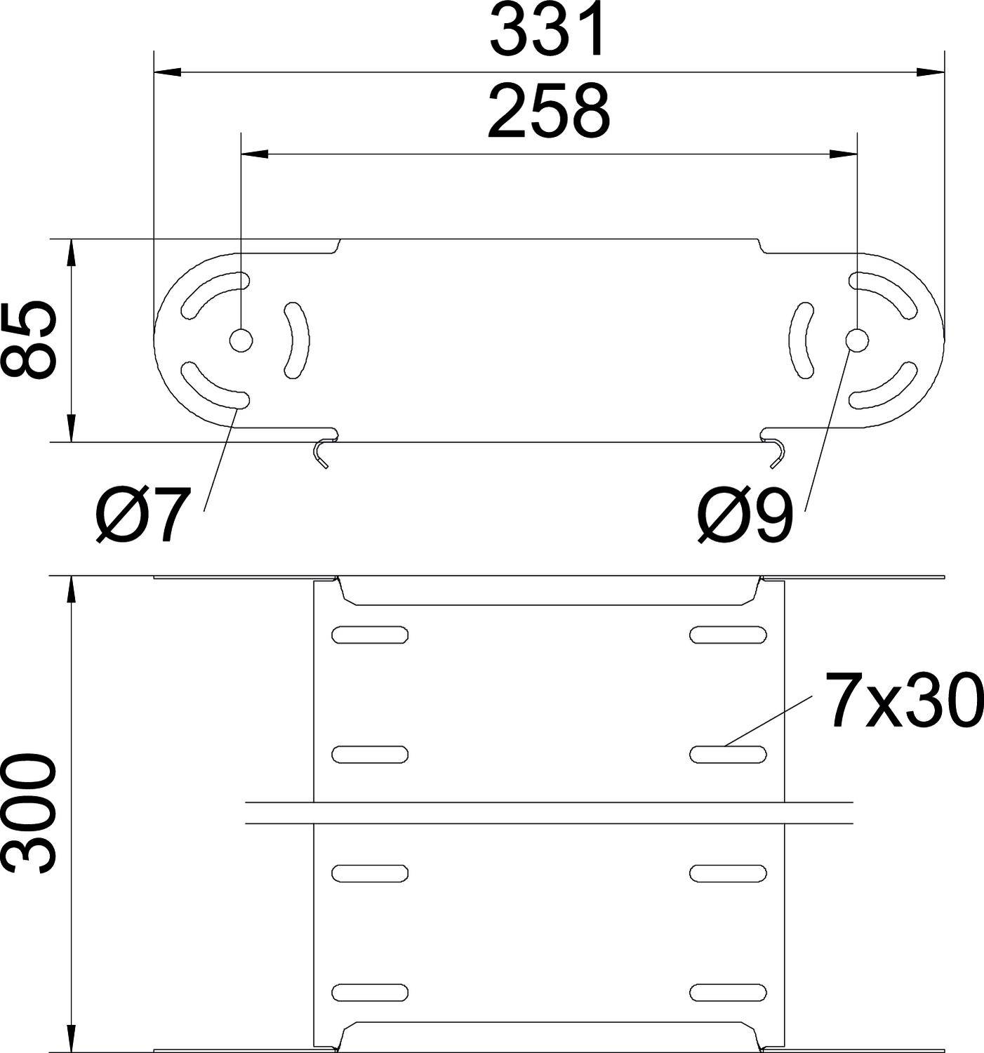 Technische Zeichnung eines Metallprofils mit Abmessungen: 331 mm Länge, 85 mm Höhe, 300 mm Breite. Bohrungen Ø7 mm und Ø9 mm, Schlitz 7x30 mm.