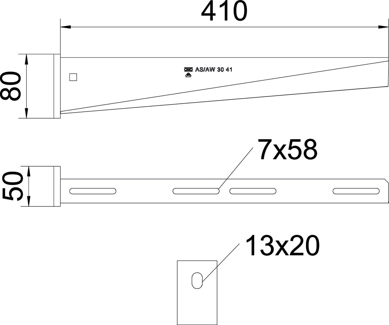 Technische Zeichnung eines Metallwinkels. Oben: Seitenansicht mit den Maßen 410 mm Länge, 80 mm Höhe. Unten: Lochabstände 7x58 mm und 13x20 mm.