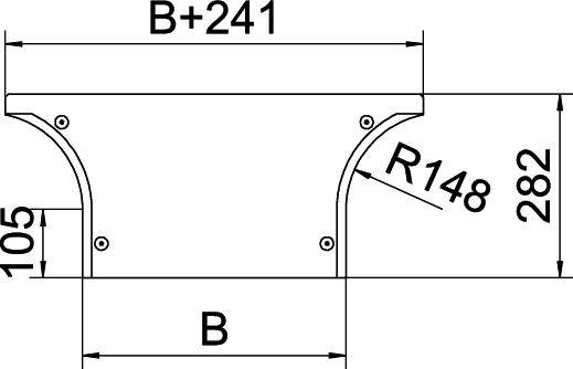 Technische Zeichnung zeigt ein T-Stück mit Maßen: Breite B, seitliche Länge 241 mm, Kurvenradius R148 mm, Gesamthöhe 282 mm.