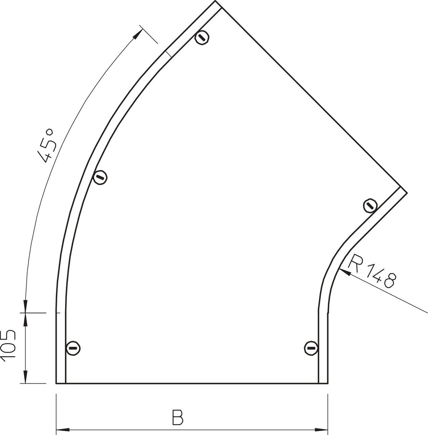 Technische Zeichnung eines rechtwinkligen Maschinenbauteils mit einer Biegung von 45 Grad und einem Radius von 148 mm, Breite 'B'.