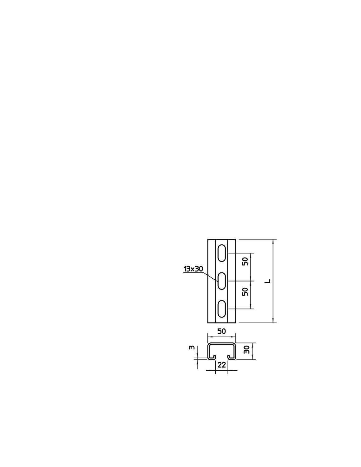 Technische Zeichnung eines Metallprofils mit Maßen. Profil hat rechteckige Form, 50 cm Länge, 22 cm Breite, Löcher zur Befestigung.