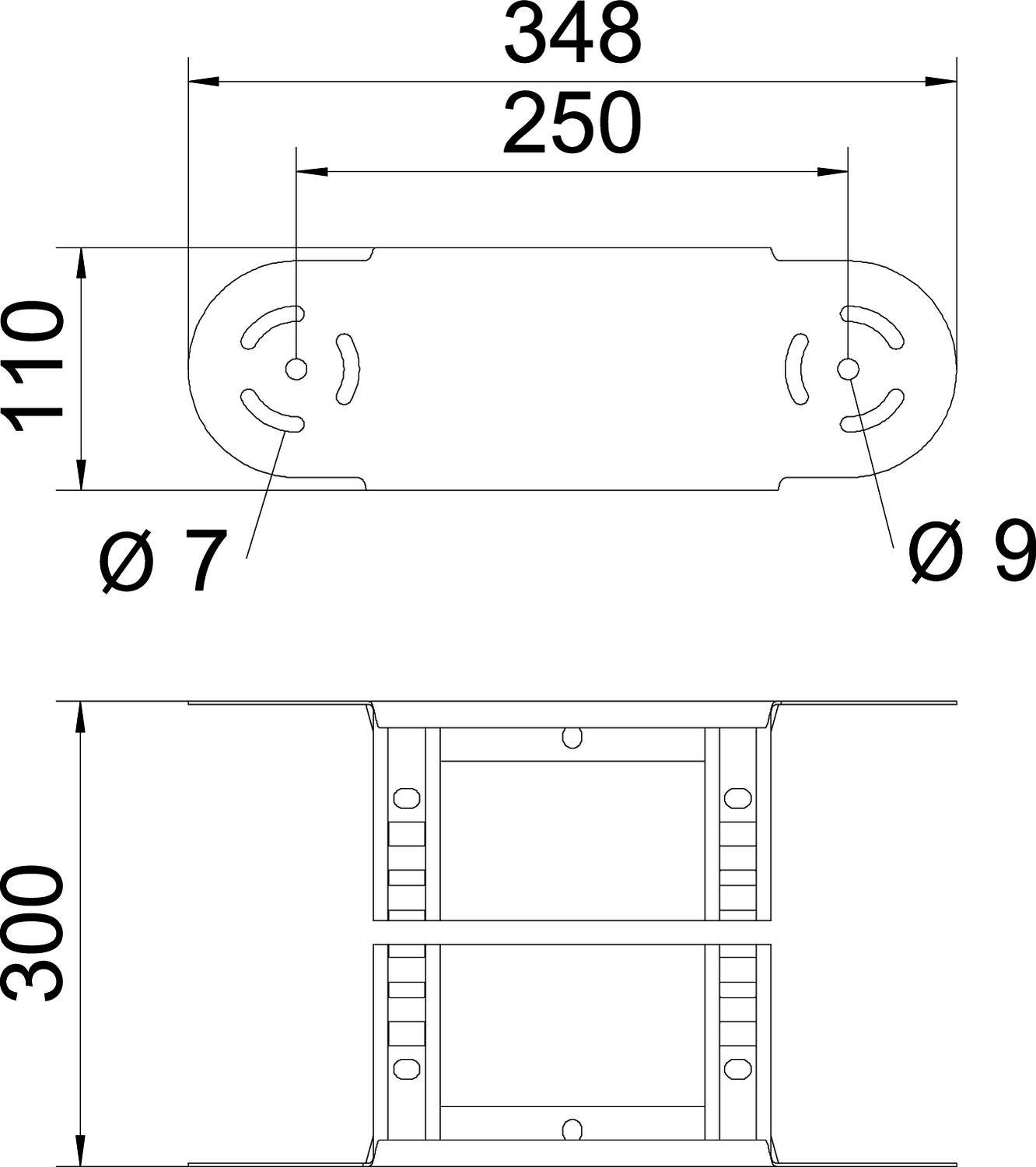 Technische Zeichnung einer rechteckigen Platte mit abgerundeten Ecken. Maße: Länge 348 mm, Breite 110 mm, Höhe 300 mm. Bohrlöcher: Durchmesser 7 mm und 9 mm.