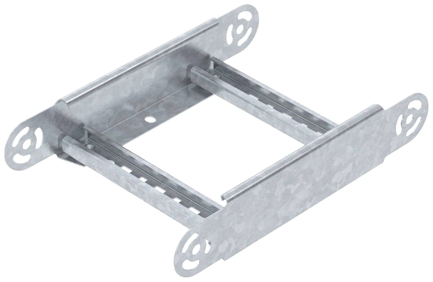 Metallische Halterung mit rechteckigem Rahmen und Montageöffnungen an den Ecken, geeignet für Bau- oder Installationszwecke.
