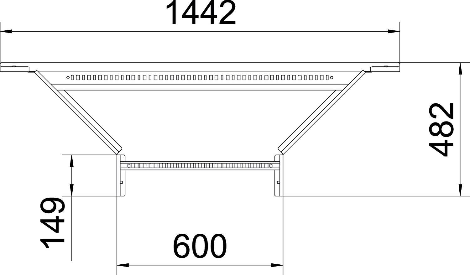 Technische Zeichnung einer Plattform mit Maßen: Breite 1442 mm, Höhe 482 mm. Unterbau-Höhe 149 mm, Basislänge 600 mm.