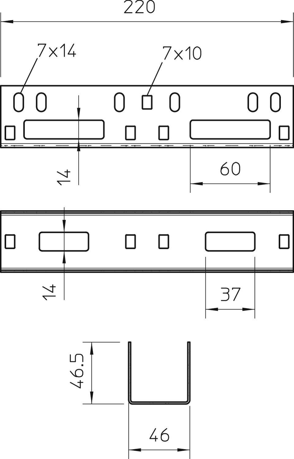 Technische Zeichnung einer Metallstrebe mit Maßen: Länge 220 mm, Breite 46 mm, Höhe 46,5 mm. Löcher: 7x14 mm und 7x10 mm.