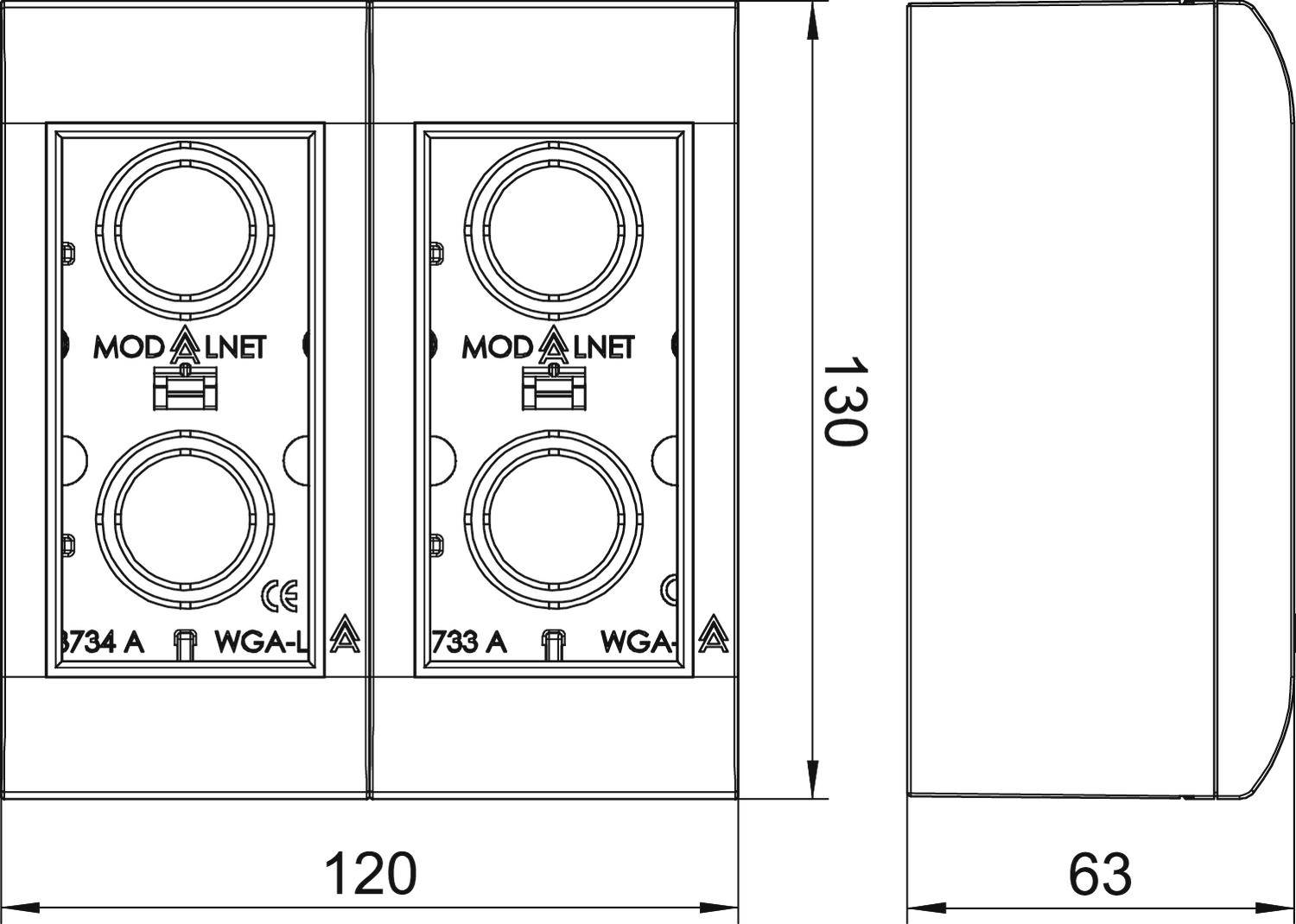 Technische Zeichnung eines elektrischen Steckers mit zwei Buchsen. Maße: Höhe 130 mm, Breite 120 mm, Tiefe 63 mm.