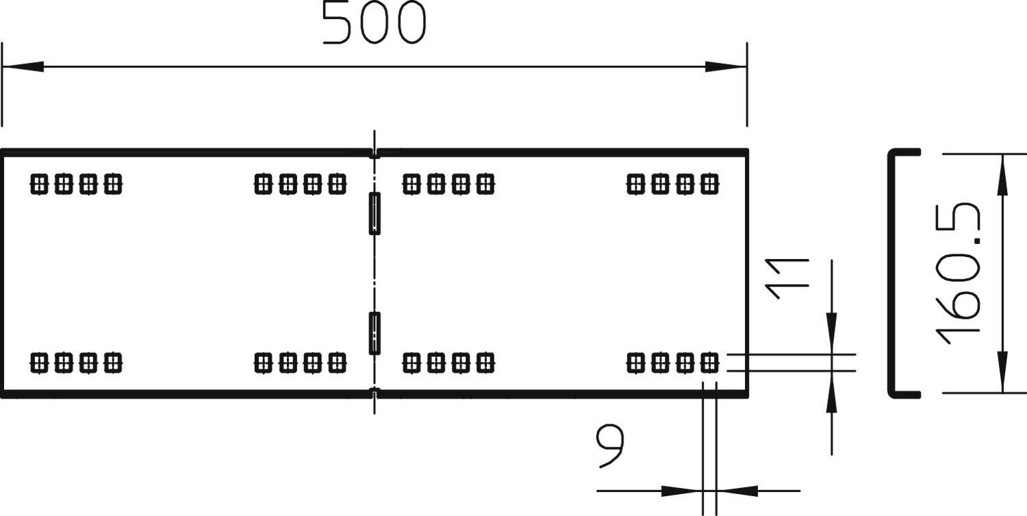 Die technische Zeichnung zeigt eine rechteckige Metallplatte mit Maßen 500 x 160,5 mm, Lochanordnung in der Mitte, Abmessungen markiert.
