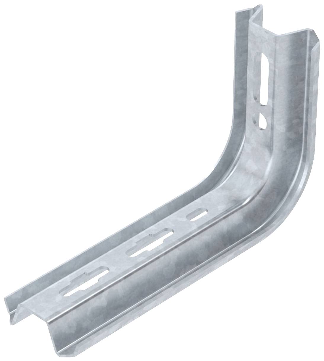Ein verzinkter Metallwinkel zur Befestigung in einer Konstruktion. Er hat mehrere vorgestanzte Löcher für Schrauben oder Bolzen.