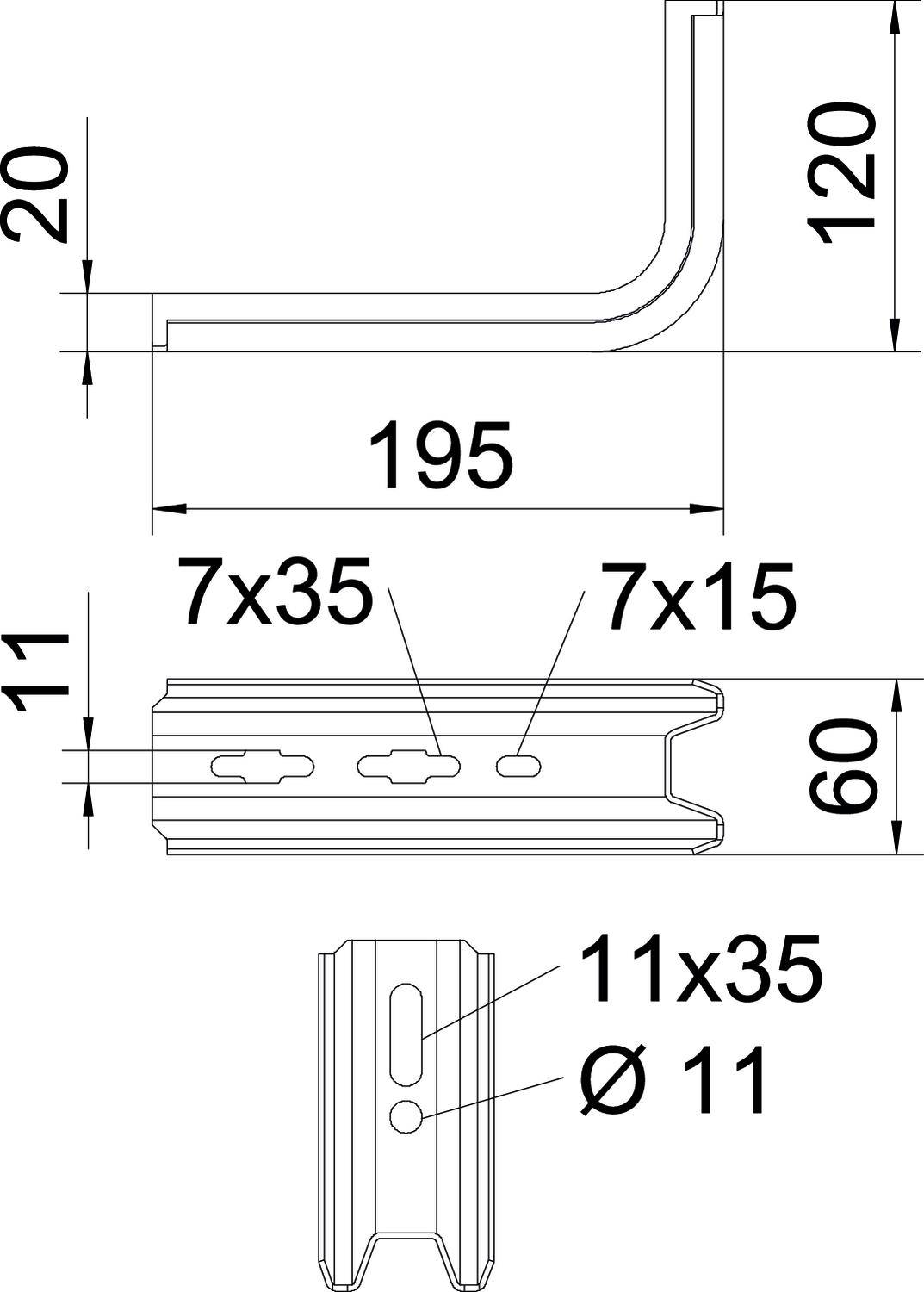 Technische Zeichnung eines Metallprofils mit Maßen: 120x195 mm, seitliche Ausschnitte, Bohrlöcher (ø 11 mm), verschiedene Ansichten.