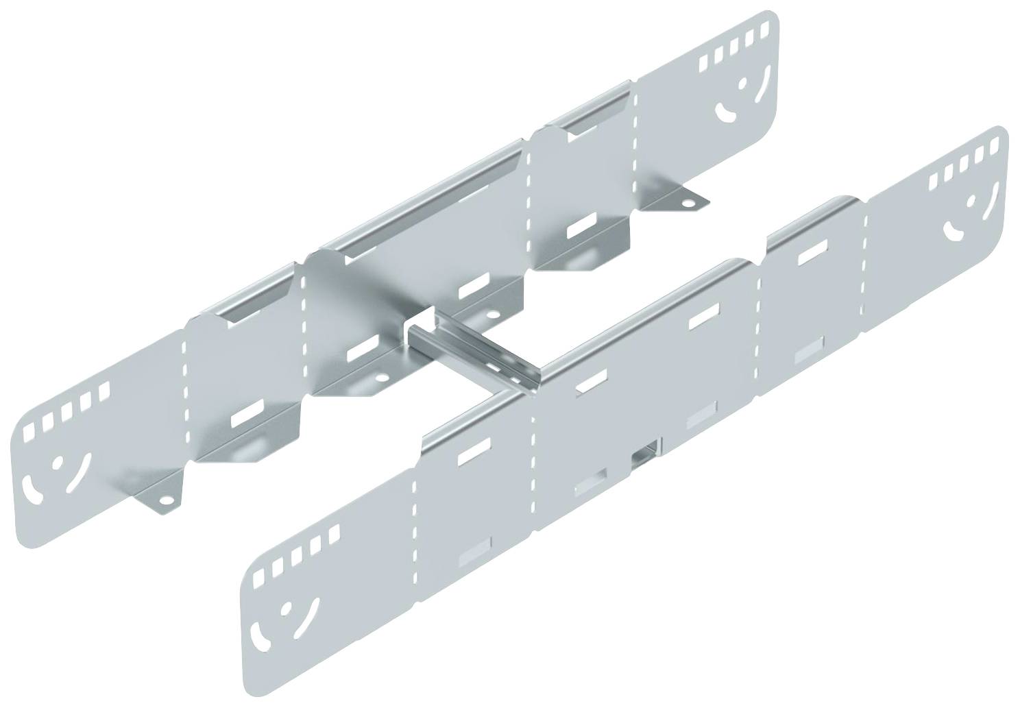 Metallschiene mit mehreren Aussparungen und Clips, dient als Halterung oder Montagebeschlag, silberne Farbe, ohne Umgebungskontext.