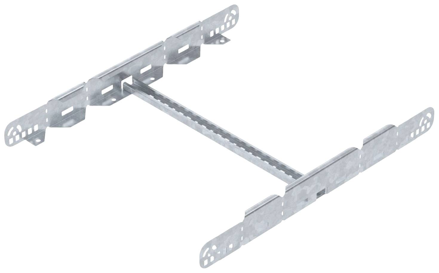 Metallischer Montagebügel mit verstellbaren Seitenteilen und zentraler Halterung. Geeignet für Bau- und Installationszwecke.