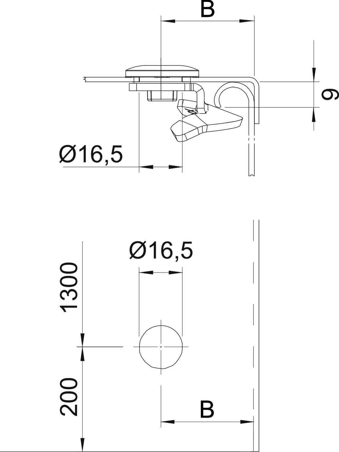Technische Zeichnung eines Wasserhahns mit Maßangaben. Oben Seitenansicht, unten Frontansicht. Hauptmaße: Durchmesser 16,5 mm, Höhe 1300 mm, B 200 mm.