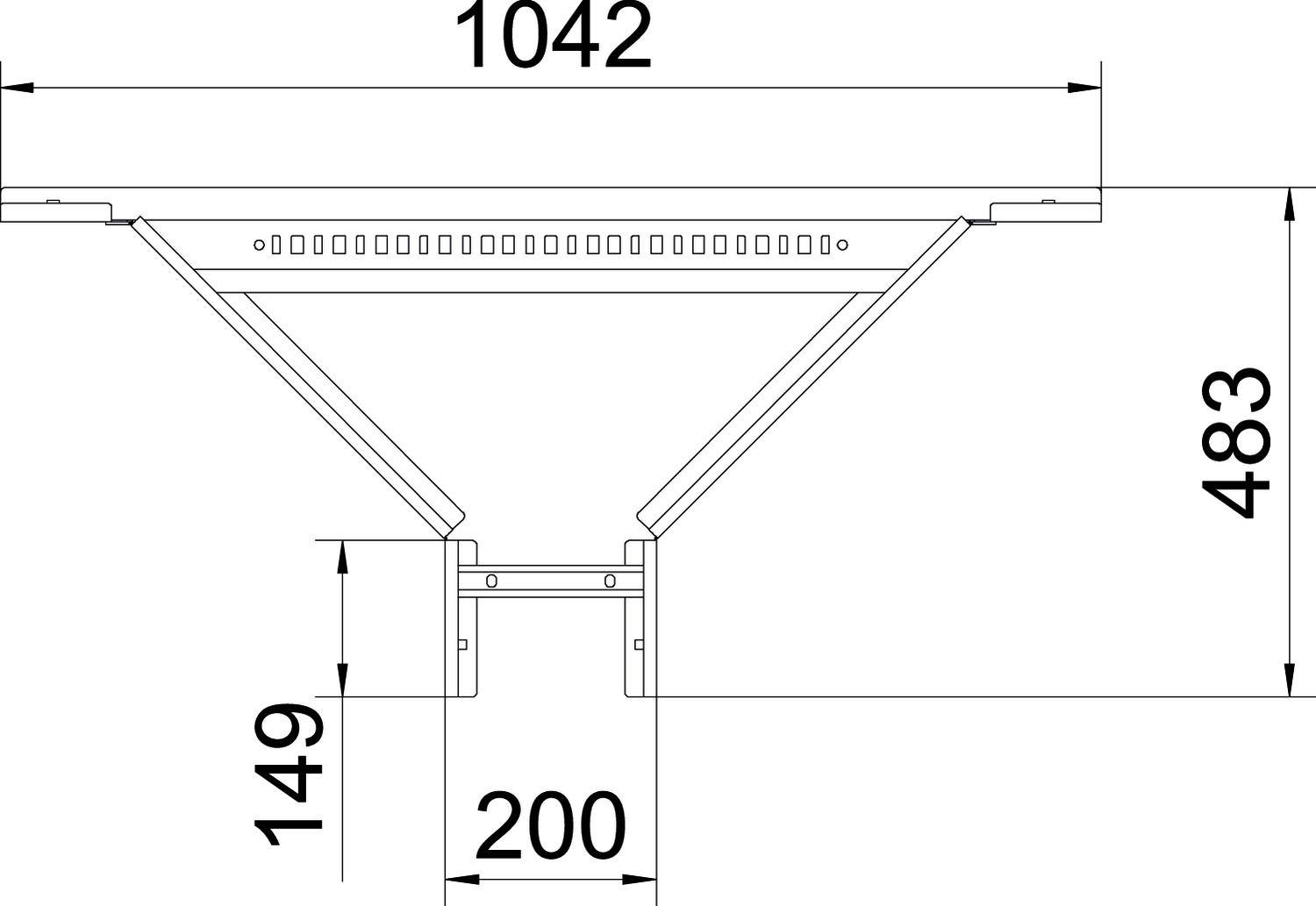 Technische Zeichnung zeigt die Abmessungen eines T-förmigen Objekts: Breite 1042 mm, Höhe 483 mm, mit weiteren Maßen von 149 mm und 200 mm.