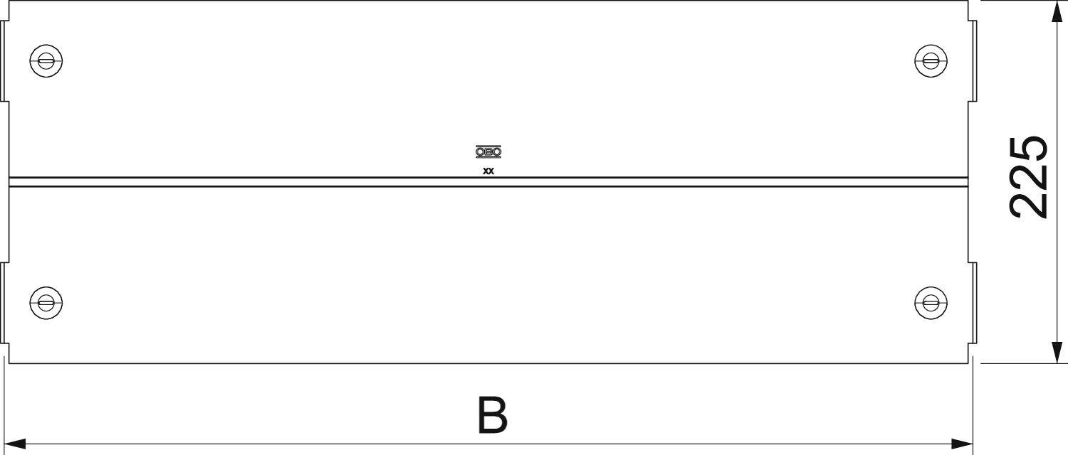 Technische Zeichnung eines rechteckigen Bauteils mit vier Schraubenlöchern. Maße: Breite 'B', Höhe 225 mm.