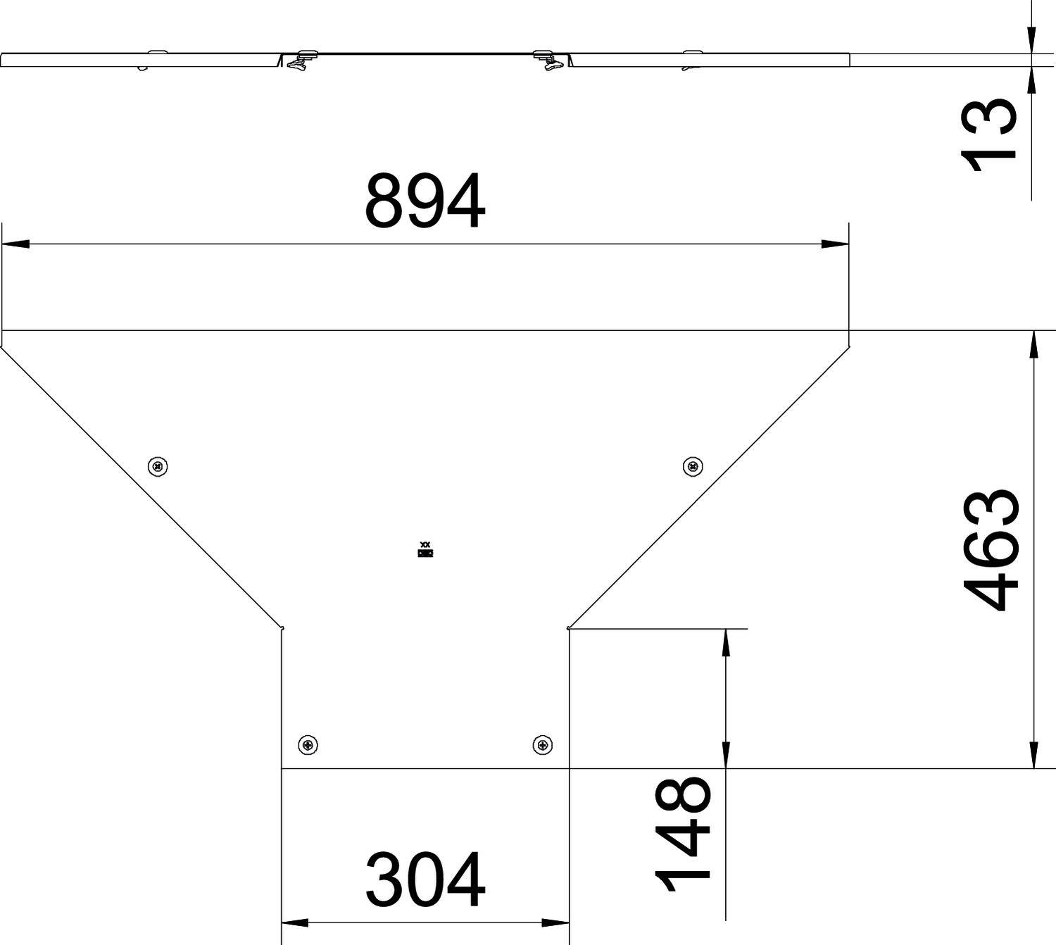 Technische Zeichnung eines Trichters mit Maßangaben in Millimetern: Breite 894, Höhe 463, unterer Abschnitt 304 breit, 148 hoch.