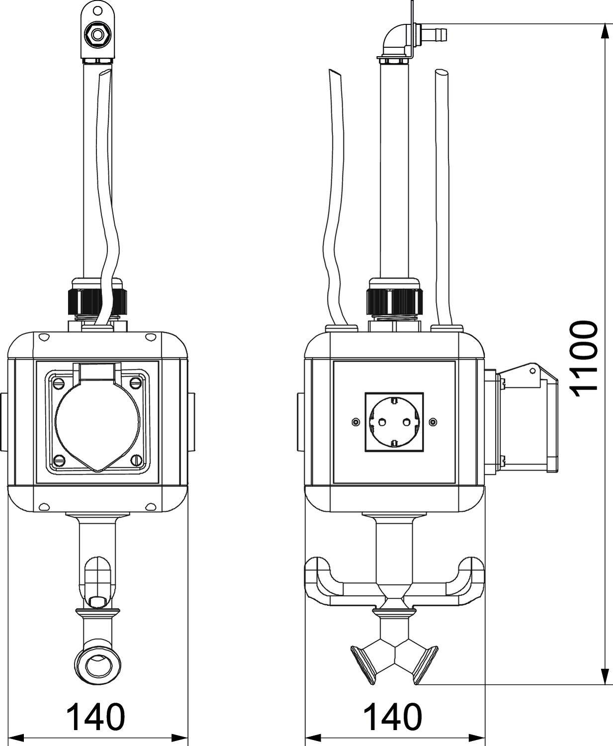 Technische Zeichnung eines elektrischen Geräts mit Maßen: 140 x 1100 mm. Vorder- und Seitenansicht mit Kabeln und Steckanschlüssen.