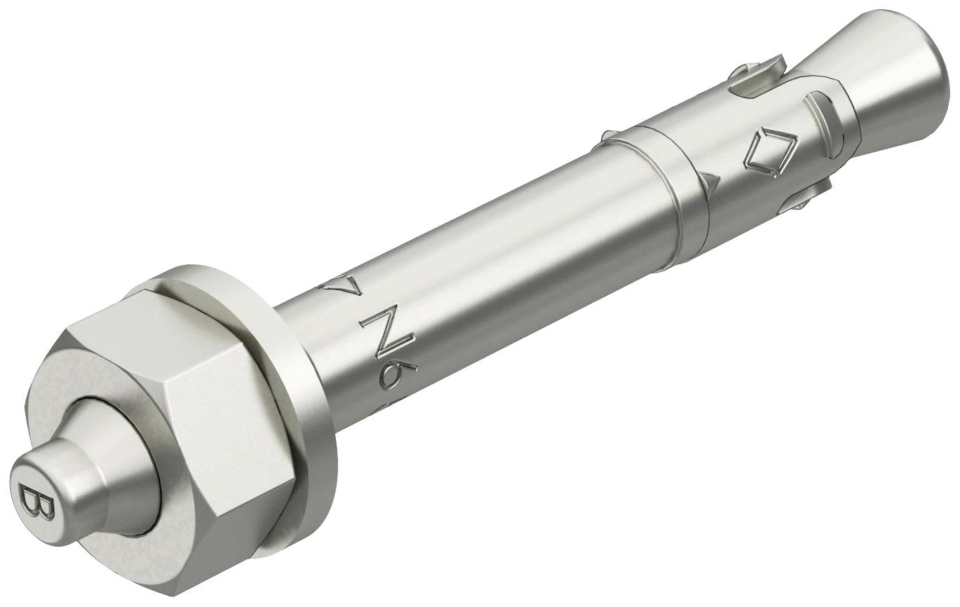 Ein Metallbolzen mit einer Mutter und Gewinde, gekennzeichnet mit 'M6'.